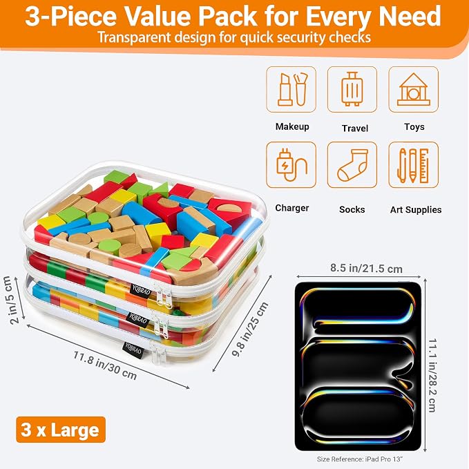 YQBRAO Clear Hard Shell Zipper Cases, 3 Large Travel Organizers, White | Rigid 1.2 mm PET and YKK dual zippers for full-size toiletries, makeup palettes, electronics and craft supplies