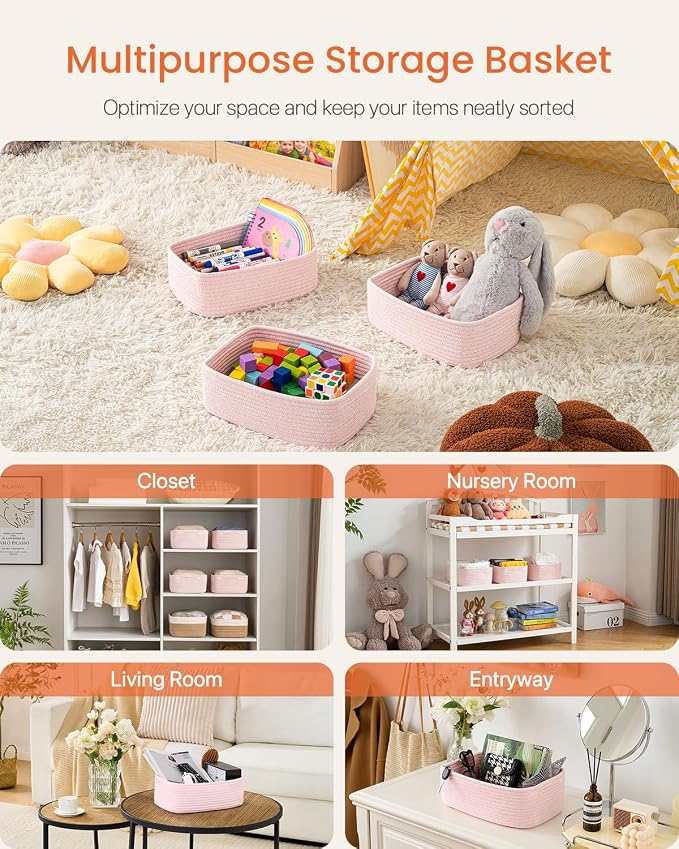 KALLAX Small Woven Storage Basket for Organizing, 13.5x9.5x5 inches, 3 Pack | Shelf baskets for closet organization, toy storage and home decor, Perfect as empty gift baskets for holidays, Light Pink