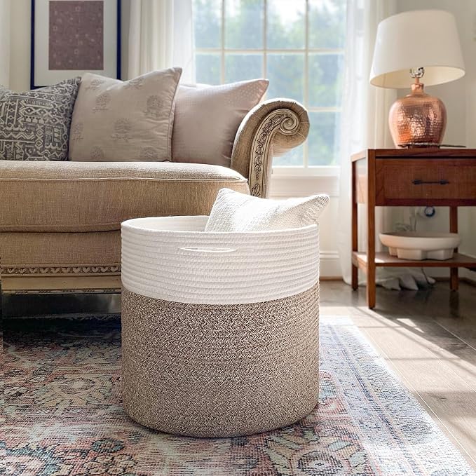 Goodpick Woven Rope Basket for Blankets Fit Nursery & Living Room, 45L | 15.8 x 15.8 x 13.8 In Storage Basket for Toys Shoes, Cute Baby Laundry Hamper for Towels, Clothes, Mele