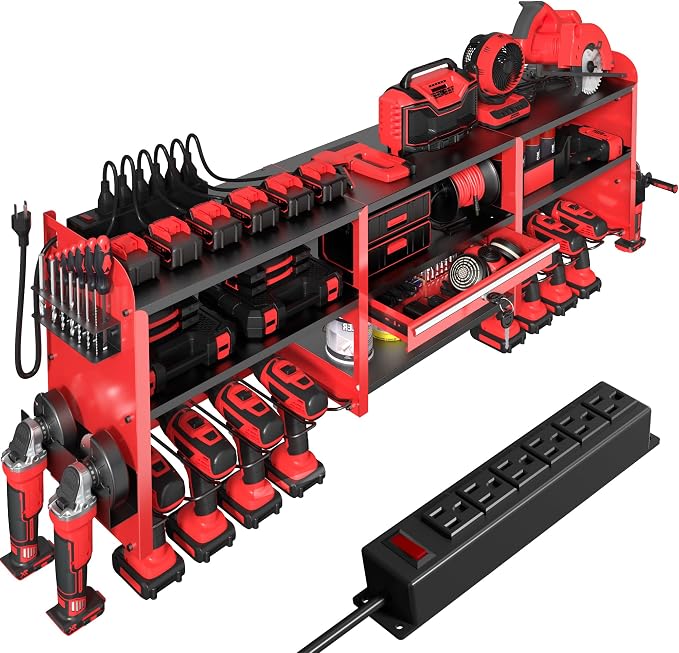 KSVO Large Power Tool Organizer Wall Mount with Locking Drawers, Red | Grinder Holder, Hammer & Pliers Rack, 6-Outlet Charging Shelf, Heavy-Duty Metal Storage for Garage & Workshop