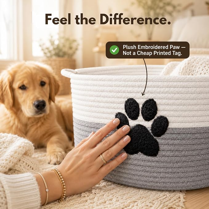 Dog Toy Basket with Handles, Grey Cotton Rope Storage Bin Organizer | Neutral grey dog toy organizer that blends any decor. Holds toys, blankets & leashes. Machine washable, collapsible rope bin.