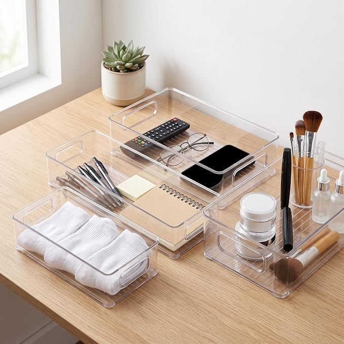 Simhoa PET Storage Box Acrylic Organizer Container Holder Case Stackable Clear Construction for Cosmetics Bottles Jewelry Pieces Small Supplies Easy Cleaning, Transparent, Medium (25x15x7.5cm)