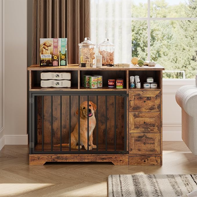 GarveeLife 48'' Dog Crate Furniture with Bowl, Medium Dog Cage, Retro Brown | Farmhouse Heavy Duty Dog Kennel with Storage Drawers, End Table for Small Medium Dogs