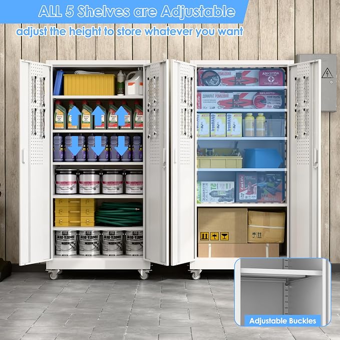 Upgraded Garage Storage Cabinets with Wheels,Metal Storage Cabinets with 5 Adjustable Shelves for Garage Home Office Storage,White,71''H*34''W*18''D,Assembly Required