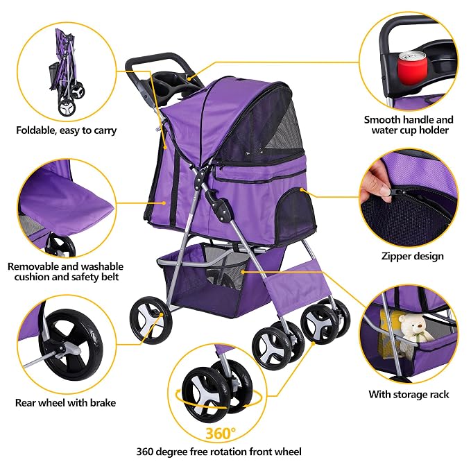 4 Wheels Dog Stroller Folding Pet Strolling Cart for Small Medium Cats Puppies Portable Jogger Travel Camping Puppy Carrier with Storage Basket Cup Holder, Purple