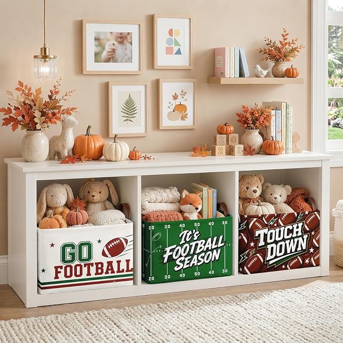Britimes Football Storage Baskets for Gift, Toy Storage Bins Box,3Pcs Fall | Game Day Canvas Collapsible Baskets Organizer with Handles Football Nursery Decor Laundry Basket for Shelves Closet