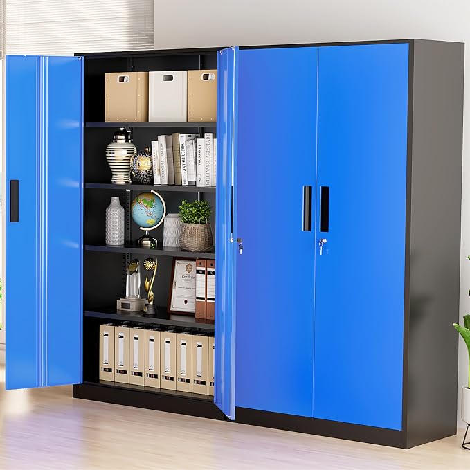 Greenvelly Metal Storage Cabinet with Doors and Shelves, 72" Inch Locking Metal Cabinet,Garage Storage Cabinet for Garage Office School Warehouse (Black Blue)