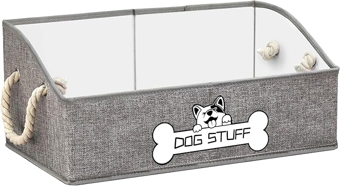Dog Toy Basket, Storage Bin, Collapsible Box for Pet Accessories | Fabric Container With Handle, Trapezoid Holder for Small Medium dogs, Organizer for Living Room, Gray