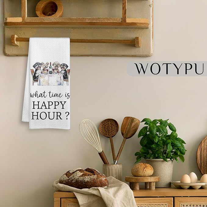 Funny Dog Gift Kitchen Towels, Dog Gifts for Women Men Dish Tea Towel, What Time is Happy Hour Hand Towels for Kitchen Dining Room Decor, 16x24 Inch