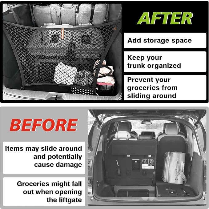Muslogy Cargo Net for 2021-2025 2026 Toyota Sienna Accessories | Custom Fit, Trunk Storage Organizer Net for SUV Sedan Van Divider, with Heavy Duty Carabiners, Night Visible Grab Handle