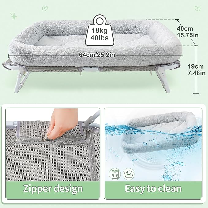 Sunhoo Elevated Cat Bed Foldable Raised Pet Hammock Self-Supporting Puppy Lounger with Off Floor Metal Frame Washable Cover for Small Dog Kitten Indoor Use 25.2x15.75x7.48 in（Grey）