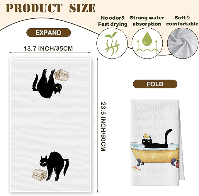 Bath Towels Set of 2, Cute Bathing Black Cat Dish Towel for Bathroom Spa Kitchen, Decorative Hand Towels, Fast Drying Tea Towel, Housewarming Xmas Gifts for Cat Lover Women Mom -B28