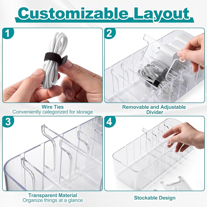 Cord Organizer Box 2 Pack – Clear Cable Organizer with Adjustable Dividers, Fits Up to 10ft Cables, Cord Storage Organizer for Chargers & Tech Accessories – Includes 16 Velcro Ties
