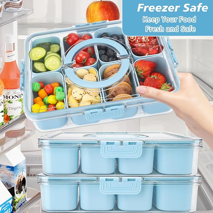 2Pcs Snackle Box Snack Containers with Lid Divided Serving Tray with Handle | Portable Snack Platter Fruit Veggie Trays Snackele Box Containers for Charcuterie, Party, Snack, Nuts, Beach, Travel, Picnic