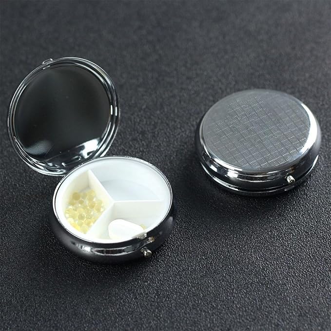Mini Pill Organizer, Cute White Brown Dogs Round Compact Dispenser, Portable Holder for Fish Oil, Travel Pill Box Purse Use for Students
