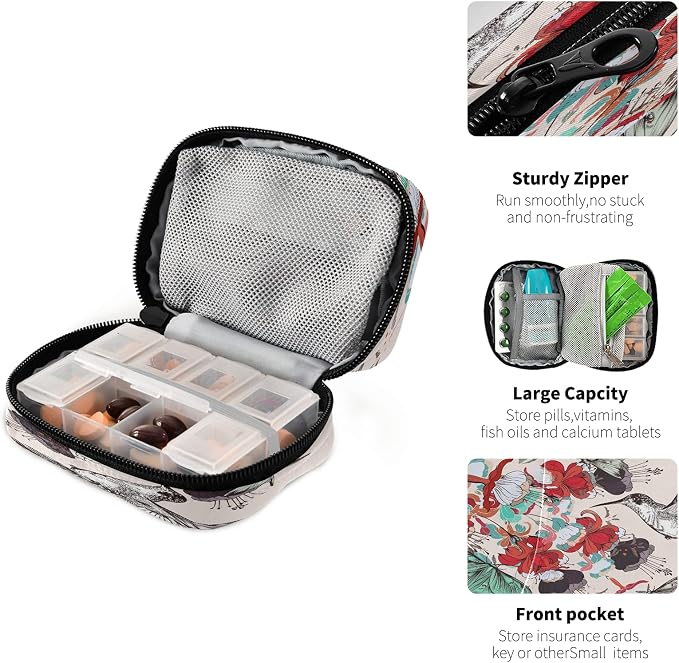 Naanle Floral Butterfly Hummingbird 7 Day Pill Case Travel Pill Organizer Bag with Zipper Portable Weekly Case Compact Size for Vitamin Supplement Holder