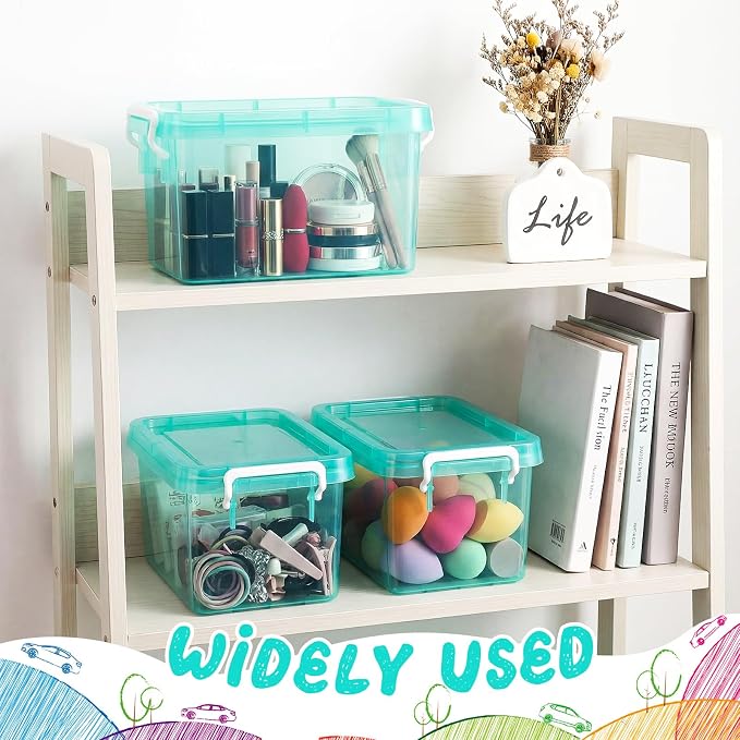 6 Pack Colorful Plastic Storage Bins with Lids 4 Quart Small Storage Latch Box Stackable and Nestable Clear Organizer Bins with Latching Handle and Buckle for Organizing (Teal)
