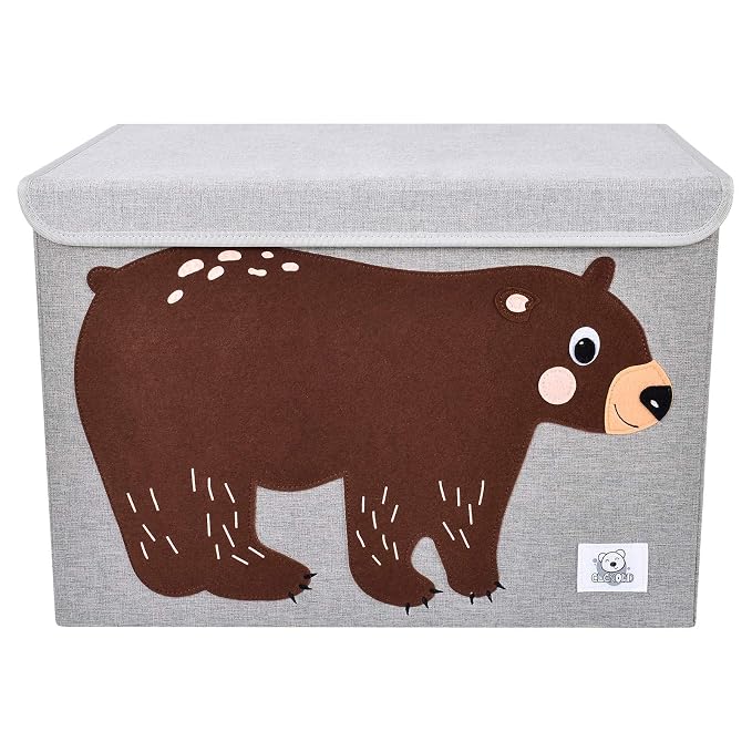 Large Toy Box Storage with Lid, Foldable Fabric Toy Chest Storage for Kids | Toy Organizer Basket, Collapsible Animal Print Storage Bin for Toddlers, Boys and Girls, Playroom, Baby Nursery (Bear)