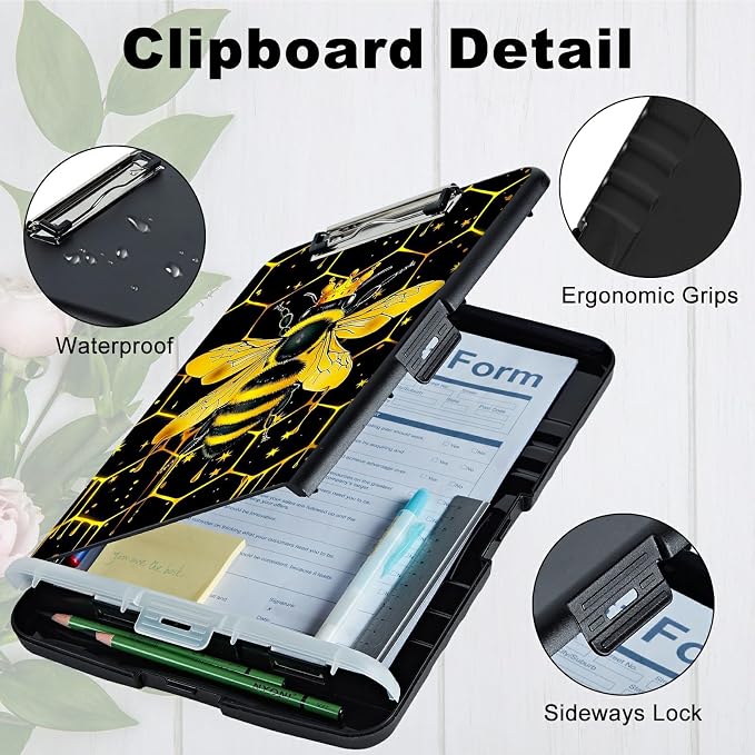 Bee Black Background A4 Clipboard with Storage Pen Holder, Clipboards Organizer Nursing Clipboard Foldable File Folder Plastic Clipboard Folio Clip Board for Office Students Classroom