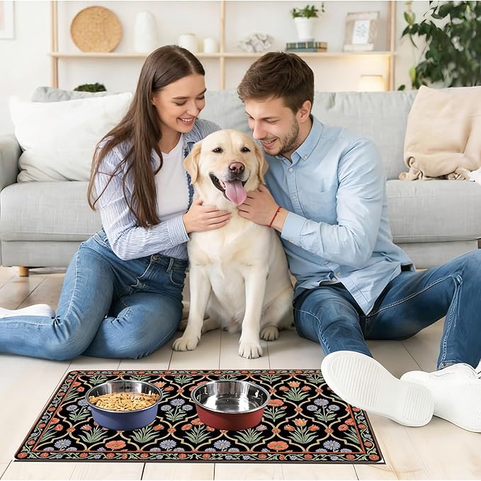 Pet Feeding Mat 30 x 17 Inch, Black Floral Pet Placemat Absorbent Quick-Dry for Food and Water, Waterproof Non Slip Rubber Bowl Pad Mat for Floors