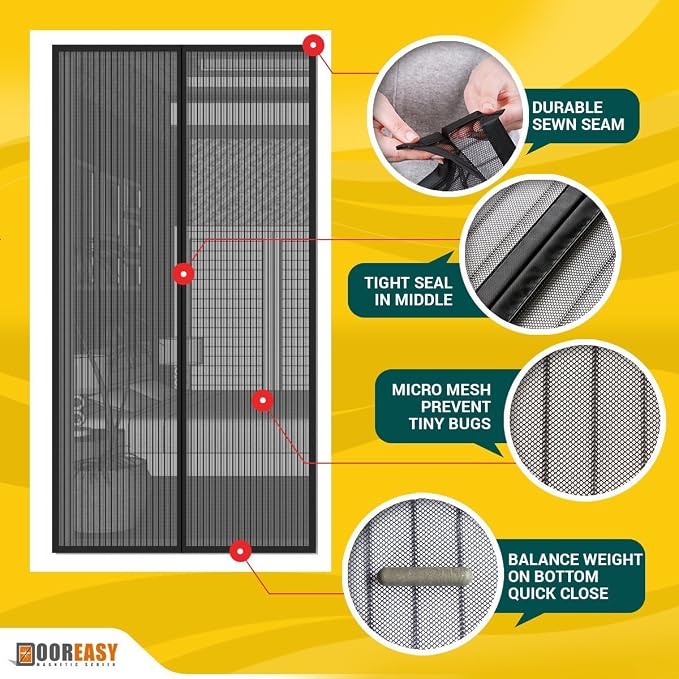 DOOREASY Magnetic Screen Full Frame Loop Sewn Full Sizes Instant Screen Door, Add-On Magnets and Weight Bars Net Screen Door(Fits Doors Up to 30"x82")