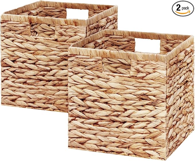 Vagusicc 11x11 Inch Water Hyacinth Storage Baskets Set of 2, Foldable Handwoven Wicker Storage Cubes with Handles for Laundry Organizer Bins for Home Bathroom Shelves & Decor