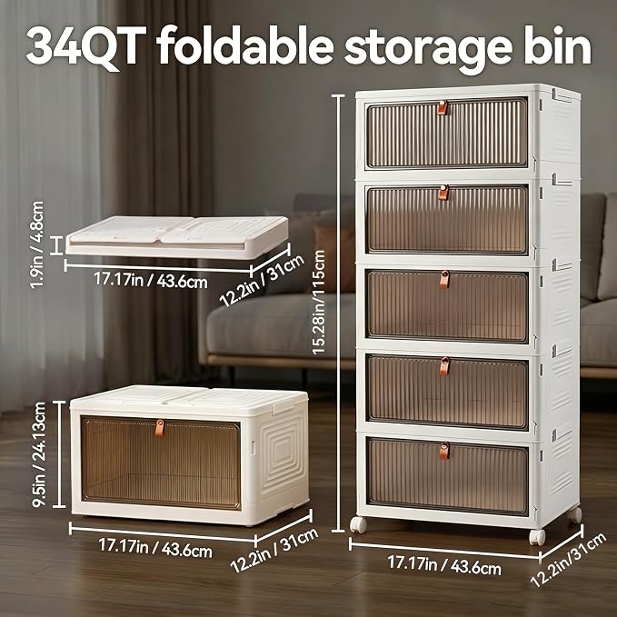 LDQ 170 Qt Large Storage Bins with Lids, 5 Tier Stackable Storage Cabinet with Wheels & Clear Doors, Foldable Plastic Closet Organizer for Bedroom, Bathroom & Kitchen