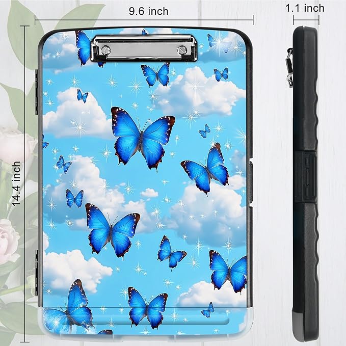 A4 Clipboard with Storage Pen Holder, Clipboards Organizer Nursing Clipboard Foldable File Folder Plastic Clipboard Folio Clip Board for Office Classroom Doctor, Blue Butterfly White Cloud
