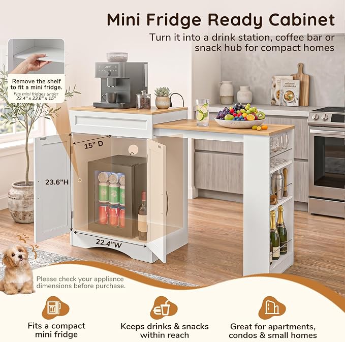 Furnaza 49.2" Dog Food Storage Cabinet with Power Outlets and Hidden Bowls | Wood Kitchen Island with 3-Tier Shelf ,Pull-Out Countertop,Pet Feeding Station for Small Space, Kitchen, Living Room,White