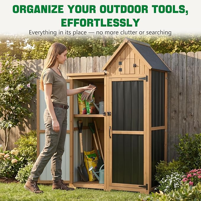 Ketive Outdoor Storage Cabinet, 67" Wooden Garden Tool Storage Shed | Shelves, Metal Panels, Top Storage Compartment, Asphalt Roof, Ground Anchors for Patio, Backyard, Garden Tools