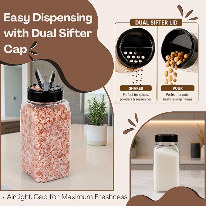 Pride Of India 32 Fl Oz Clear Spice Jar with Dual Opening Lid | Food Grade PET Plastic Oblong Jar | Reusable Organizer for Spices, Herbs, Coffee, Nuts, Snacks & Pet Treats | | 3-4 Cup Capacity