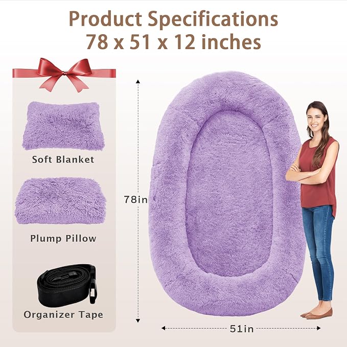 ROOMTEC Human Dog Bed, 78''x51''x12'' Size Fits Adult and Pet Washable Giant People Bed 10 CM Thick Memory Foam Large Oversize Pet Bed with Plump Pillow, Blanket, Strap - Purple
