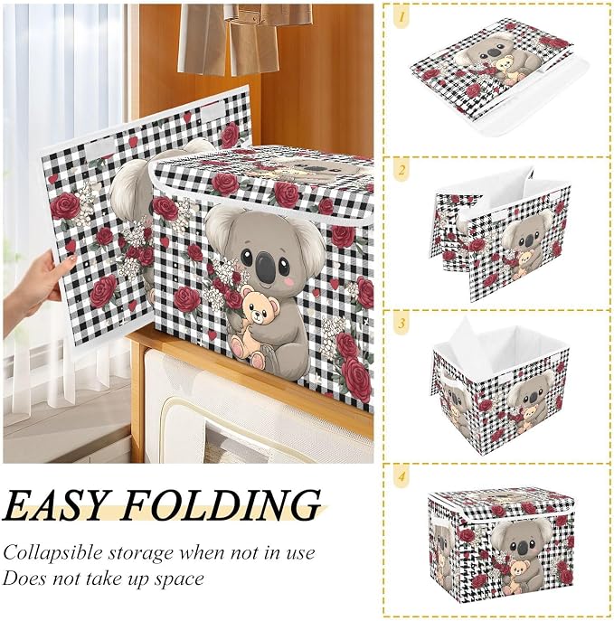 Koala Bear Rose Fabric Storage Bins with Lid Closet Storage Basket 40L | Decorative Storage Boxes, 300D Oxford Cloth, Hollow Board Frame, Flip Top Velcro Lid, 16.5x12.6x11.8 inch, Collapsible Design