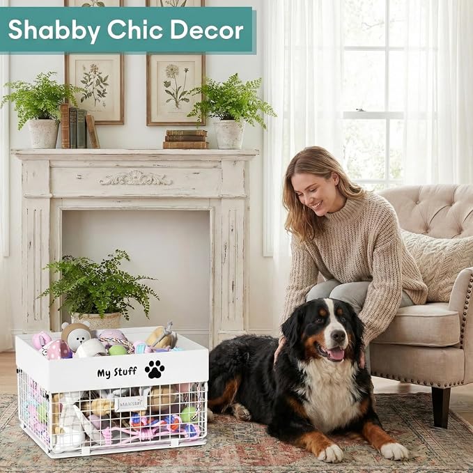 qeerable Dog Toy Box- Metal Toy basket for Dog - Dog Toys Storage Bin for Pet - Personalized Large Dog Toys Basket for Puppy and Pet- White Chew Resistant Dog Toy Chest & Organizer