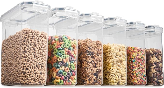 6 Pack Airtight Cereal Food Storage Container - BPA Free Plastic Kitchen and Pantry Organization Canisters for, Dry Pet Food, Flour, Sugar, Rice, Nuts, Snacks & More (135.5 Oz) Labels & Chalk Marker