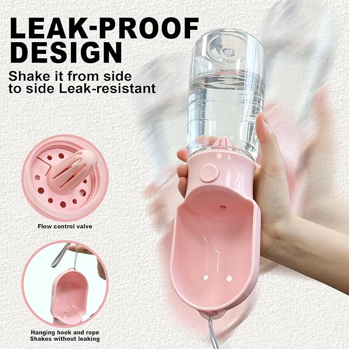 Pink Large Portable Dog Water Bottle with Food Container | Travel Dog Water Bowl(500ml),Food Container(180ml),Leak-Proof,2-in-1 Pet Essential Outdoor Supplies for Walks Hikes Campsites
