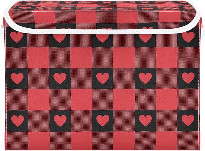 senya Valentines Storage Baskets Collapsible Storage Bins with Lids, Red Buffalo Check Gingham Love Heart Storage Boxes Clothes Baskets for Organizing