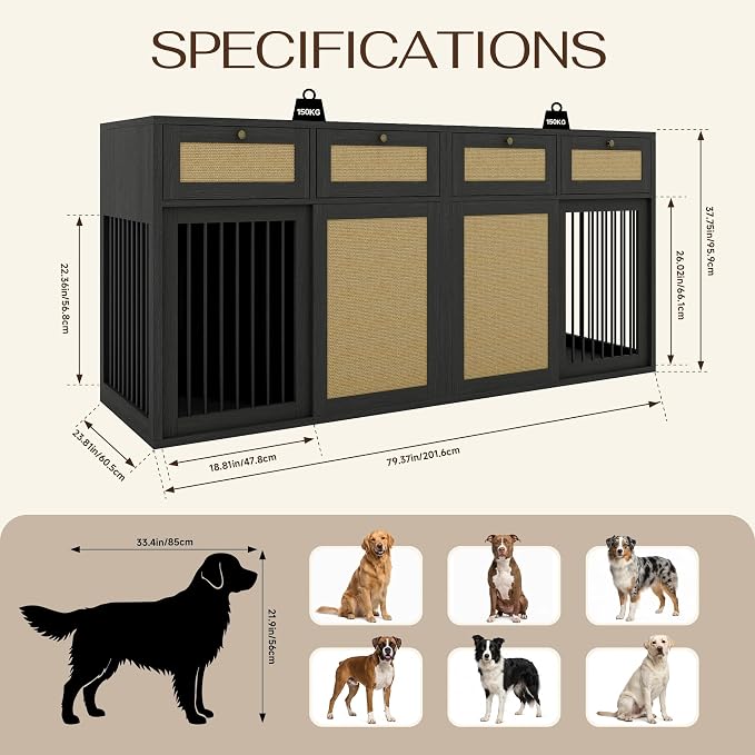 PureCozy 2-Piece Double Dog Crate Furniture, 80 Inch, Black Oak | Left and right kennels for 2 dogs with metal sliding doors, cane cabinets and 4 drawers; furniture-style indoor console.