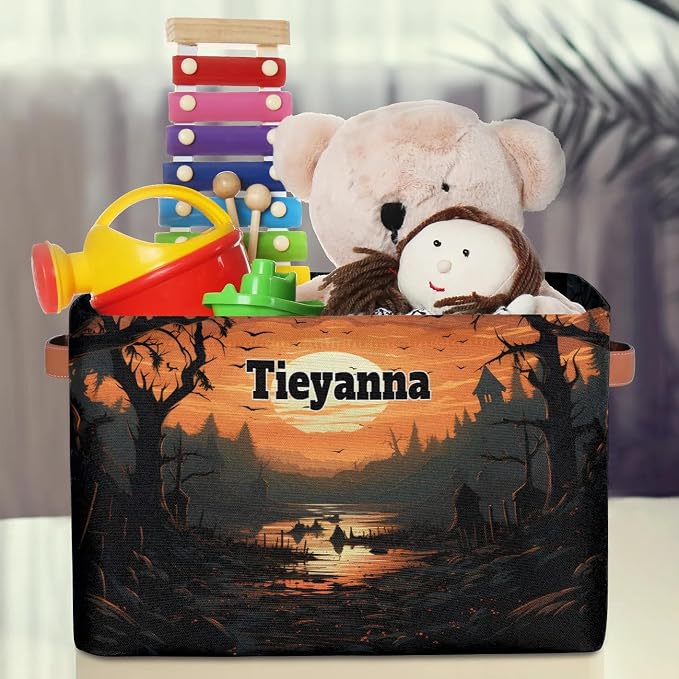 Personalized Kids Toy Box with Name, Happy Halloween Custom Nursery Baskets Cubes Bins, Kids Custom Storage Basket Laundry Baskets Organizer with Handles