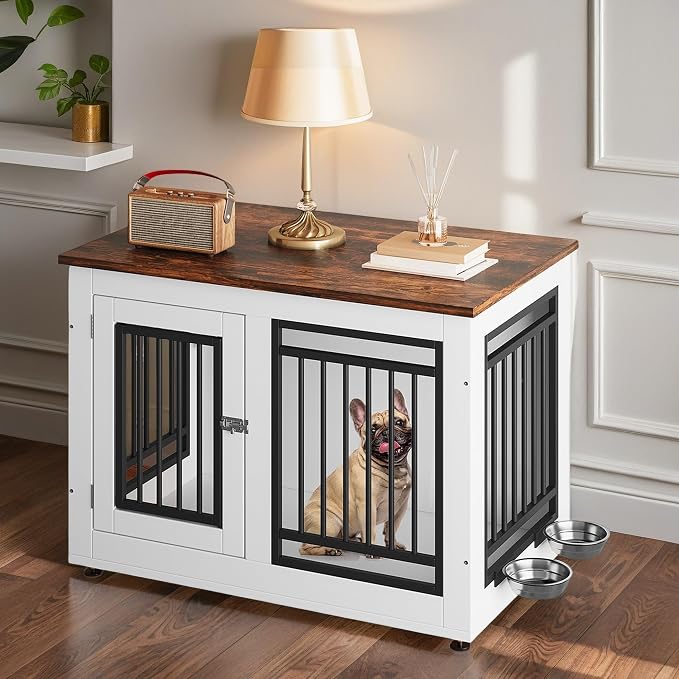 DWVO 35 Inch Dog Crate Furniture with Adjustable Feet & Removable Bowls | Dog Kennel Indoor Furniture End Table for Dogs, Modern Decorative Wooden Cage, Chew-Resistant, White