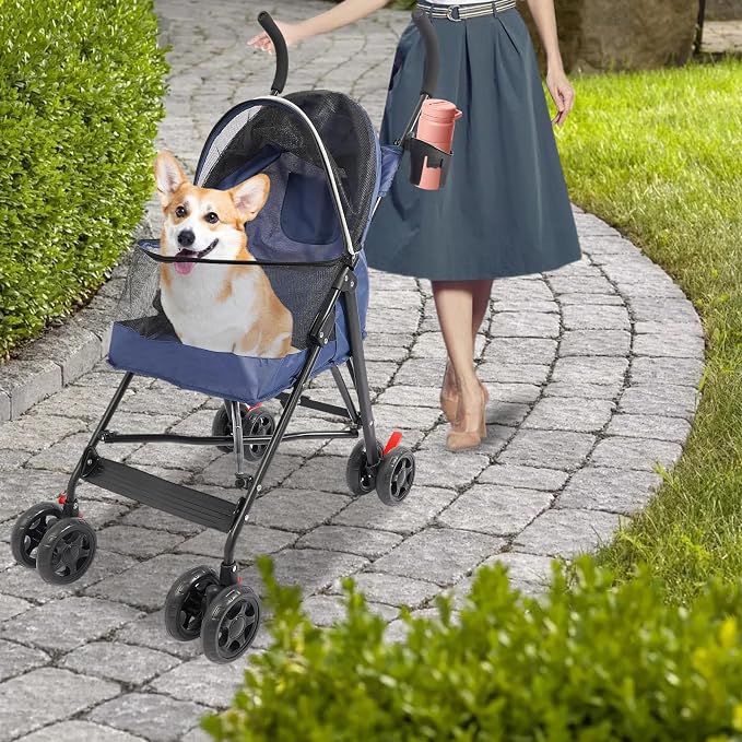 Pet Stroller for Small Medium Dogs Up to 22lbs, 4 Wheels Folding Pet Carriage Cart for Dogs Cats, Portable Cat Puppy Jogging Stroller with Rear Pocket and Cup Holder (Blue)