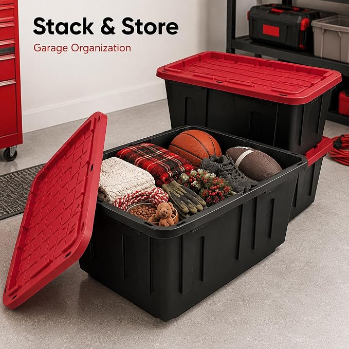 27 Gallon Storage Bins with Lids, Heavy Duty Plastic Stackable Totes, 3-Pk | High-impact polypropylene construction resists dents and stains. Features lockable lid channels and integrated grip handles.