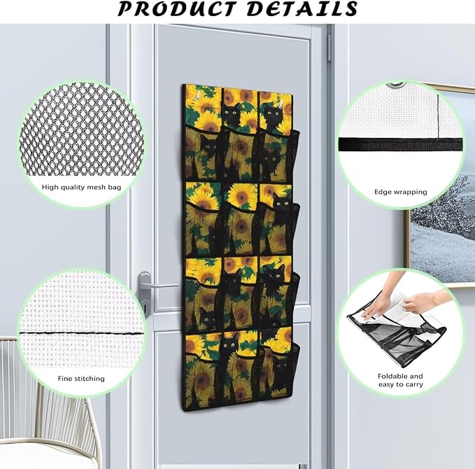 Sunflower Cat Over The Door Shoes Organizers,Behind Door Shoes Hang Holder Rack,Storage for Small Spaces,Hanging Storage Bags