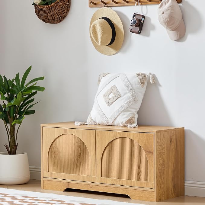 BERRYMERRY 39.4" Fluted Shoe Storage Bench for Entryway | Arched Door,Entryway,End of Bed,Shoe Cabinet,Adjustable Shelf,Bedroom,Natural,Mid Century Modern,2 Tier
