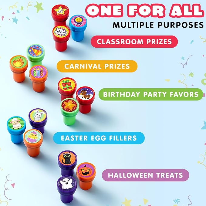 JOYIN 50 Pcs Assorted Stamps for Kids - Self-Ink Stamps with 50 Designs for Birthday Party Favor, Carnival Prizes, School Stampers, Goodie Bag, Classroom Treasure Box Toys (Zoo, Holiday Stampers)