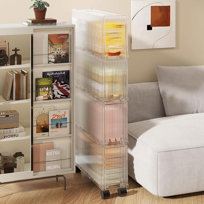 KHNR Slim 4 Pack Closet Storage Organizer with Wheels, Narrow Gap Drawer Shelf, Cabinet for Underwear, Socks, Scarves, T-Shirts Bedroom Essentials, Fits Closet Side or Wardrobe Gap, Clear White