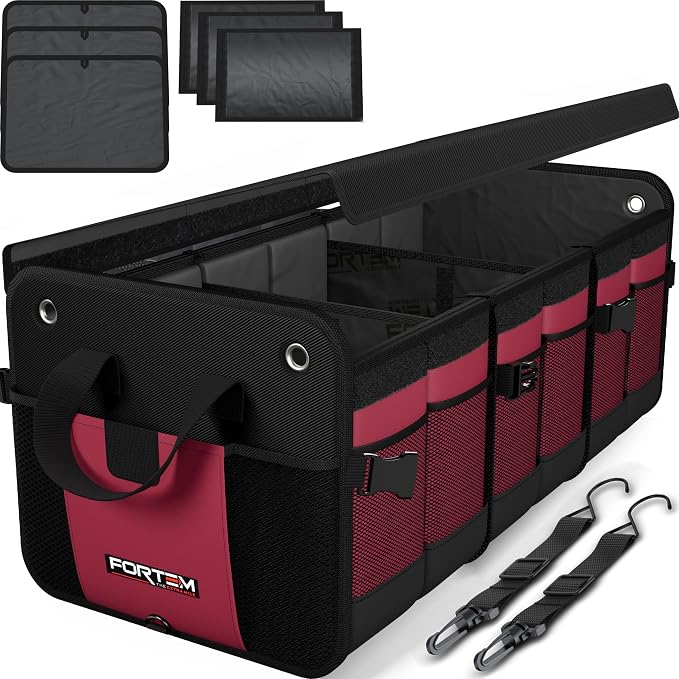 FORTEM Trunk Organizer - Collapsible Car Organizer & Storage Bag for SUVs | Car Accessories for Men & Women, Cooler Bag, Non Slip Bottom, Straps, Soft Cover, 1680D Oxford, 6 Compartments, Red, 90L