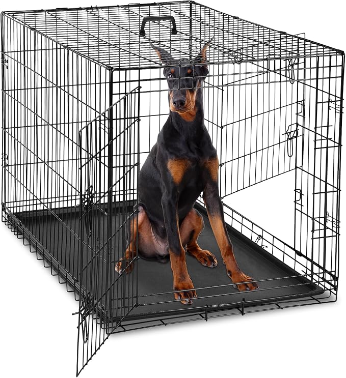 DUMOS 48 Inch Dog Crate, Puppy Small Medium Foldable Dog Cage Pet Kennel | Double Door Metal Wire, Plastic Leak-Proof Pan Tray, Portable Indoor Outdoor Training Travel