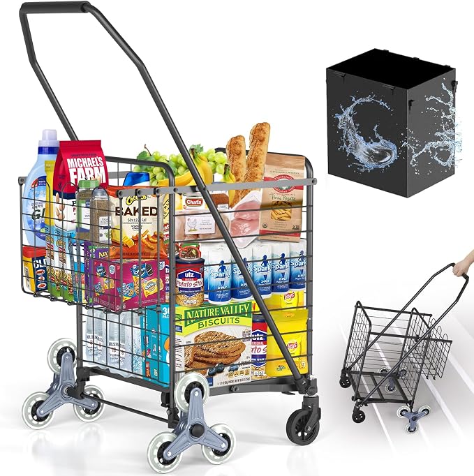 Upgraded Stair Climbing Shopping Cart for Groceries, 280LBS Grocery Cart | Waterproof Liner, 360° Rolling Swivel Wheels, Heavy Duty Utility Cart Folding Shopping Carts for Laundry Luggage Gift