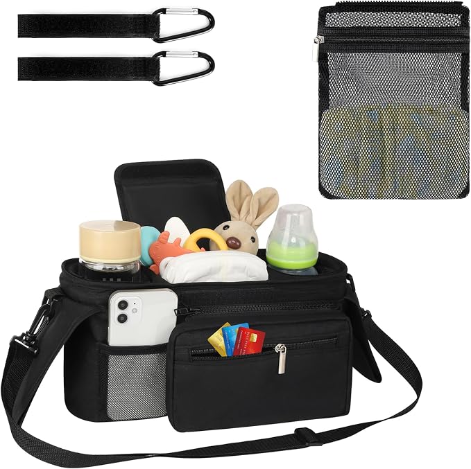 Accmor Universal Stroller Organizer with Insulated Cup Holder Detachable Phone Bag and Shoulder Strap,Stroller Bag Caddy Organizer for Uppababy, Baby Jogger, Britax Strollers